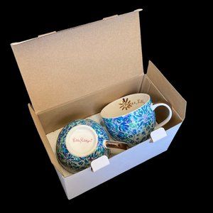 Lilly Pulitzer 2/ 12oz Designer Signed Ceramic Mug Set Blue Floral Gold Handle